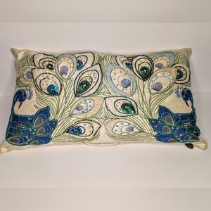 Pier 1 Stunning Beaded, Sequined, Embroidered Peacock Accent Pillow 19" X 11"